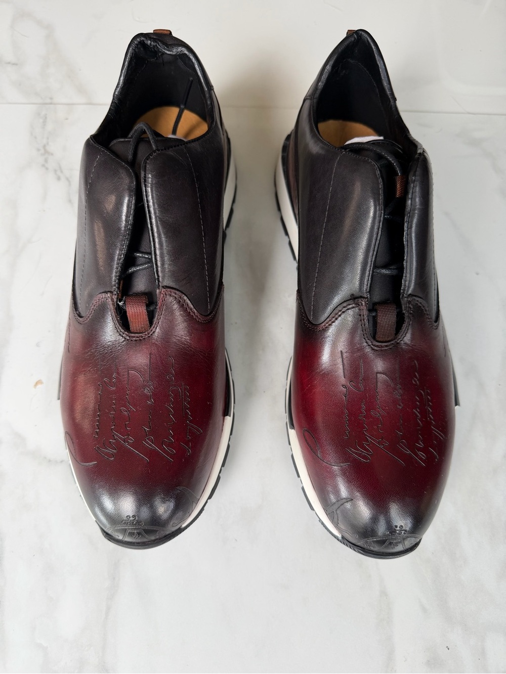 Men's Black & Burgundy Leather Slip-On Sneakers with Script Detailing